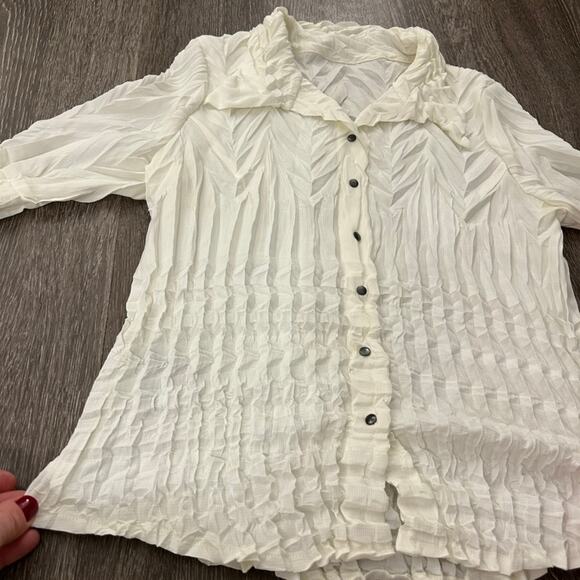 Babette Vintage Ivory Micropleat Button Front Top XS Long Sleeve Sculpted Blouse - Picture 14 of 16